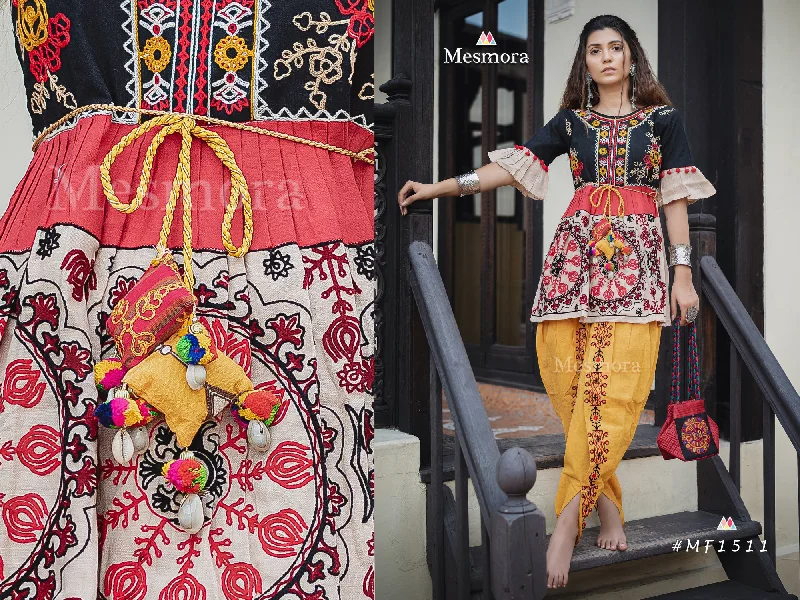 Black and beige circular embroidered kedia with yellow tulip pant (MF1511) Casual Skinny Fit Pants