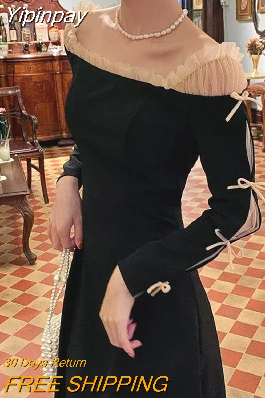 Yipinpay Fahsion Evening Party Dress Women Off Shoulder Bow Vintage Midi Dress Lady Elegant Long Sleeve Black Dress 2023 Winter Sequined Elegant Party
