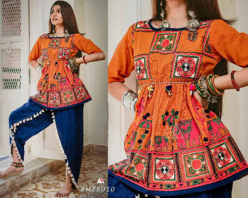 Orange elephant motif kedia set with tulip pants (MF8010) Fashionable Sporty Pants