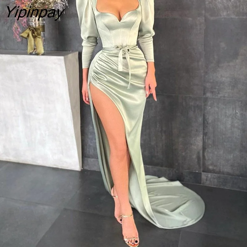 Yipinpay Women High Slit Ruched Plain Evening Dress Maxi Bodycon Dress Elegant Party Dress Tunics Luxurious premium