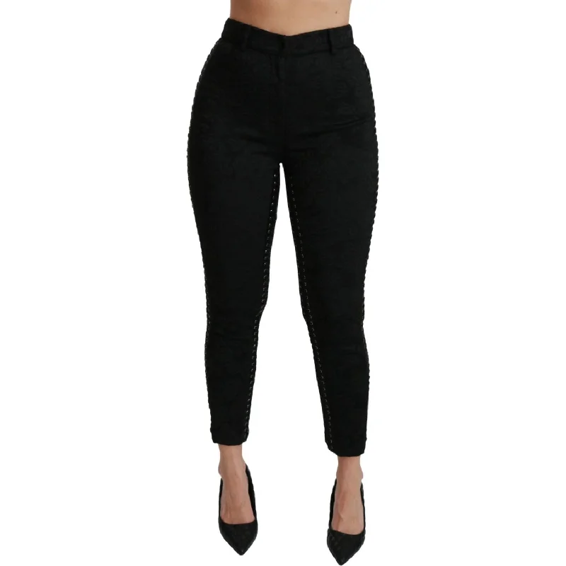 Dolce & Gabbana Elegant High Waist Skinny Black Brocade Pants Comfortable Wide-Leg Pants