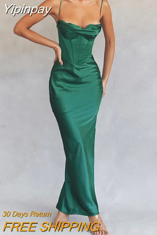 Yipinpay Satin Maxi Dress Sexy Long Prom Evening Party Dresses With Glove Purple V Neck Spaghetti Strap Dresses For Women 2023 Tunics Denim casual
