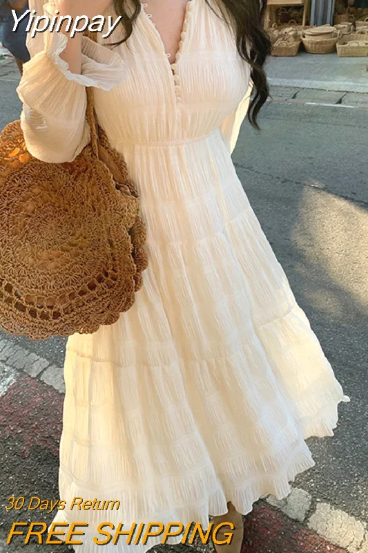 Yipinpay Spring Pure Color Fairy Midi Dress Woman French Elegant Evening Party Dress Casual One Piece Dress Korean Fashion Design Tunics Chic fashionable