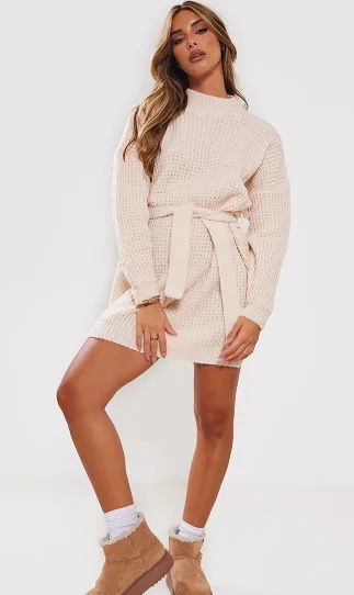 Oatmeal Waffle Knitted Jumper Dress Tunics Yoga stretchy