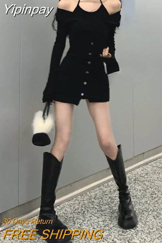 Yipinpay Bodycon Fake Two Dress Slim Woman Long Sleeve Vintage Black Dress Casual 2023 Autumn Korean Style Short Party Dress Retro Tunics Brand named