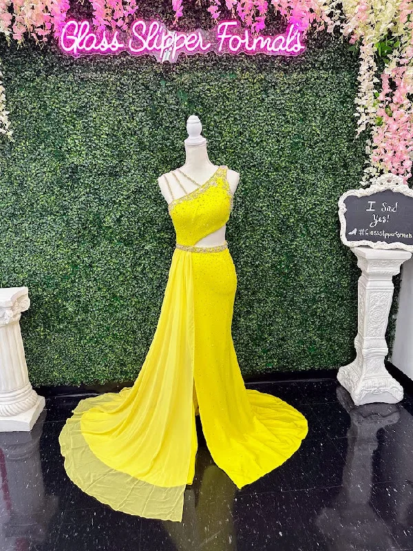 Johnathan Kayne 2688 Size 4 Canary Yellow Velvet Cape Cutout Pageant Dress Formal Gown Bodycon Club Sequined