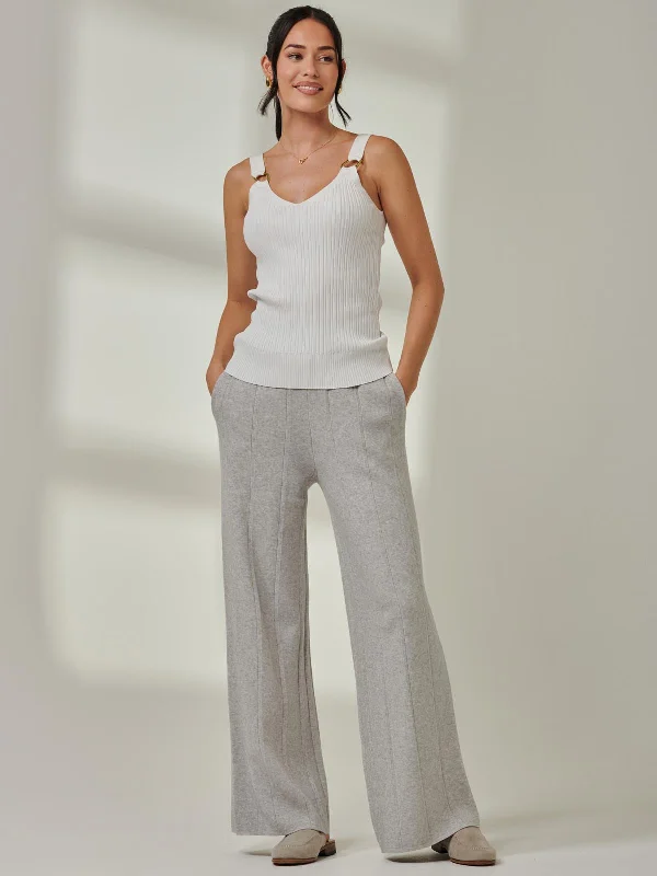 Vertical Line Knit Flared Pants, Dove Heather Cozy Full-Length Pants