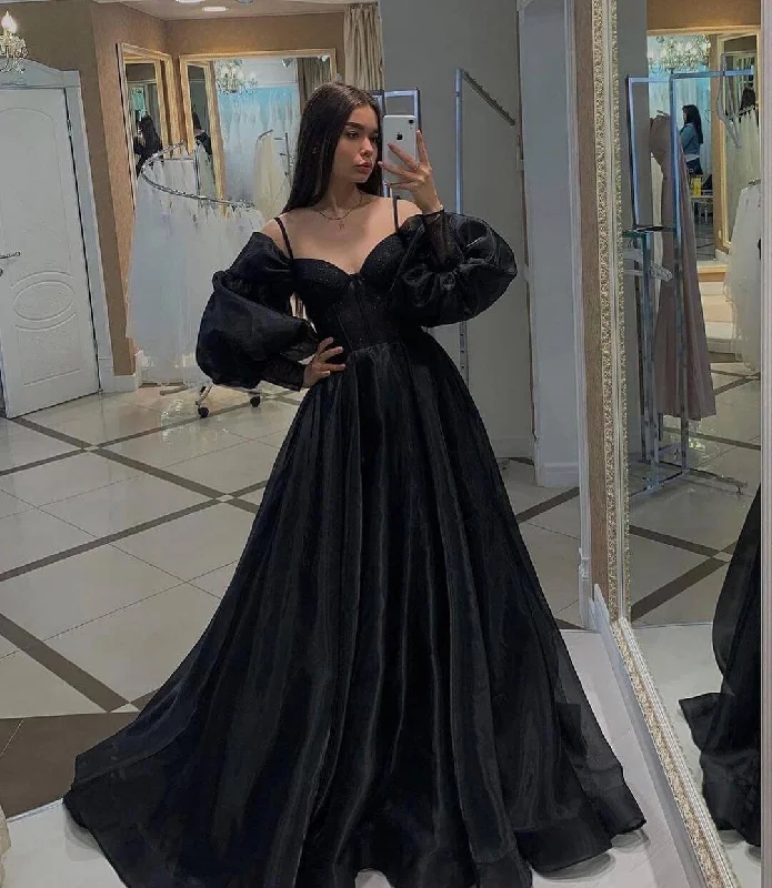 Black Long Sleeves Prom Dresses,Organza Formal Dresses,Party Dress with Train Tunics Bridal satin