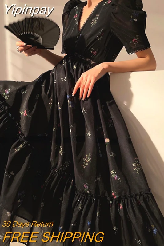 Yipinpay Black Floral Midi Dress Women Short Sleeve French Elegant Dress Beach 2023 Summer Casual Korean Evening Party Dress Pencil Length Work