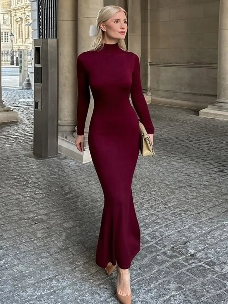 Bonnyshow  elegant Solid Half High Collar Knitted party Dress Elegant Long Sleeve Slim Fit Dresses 2024 Autumn Women High Street Vestidos Tunics Vintage classic