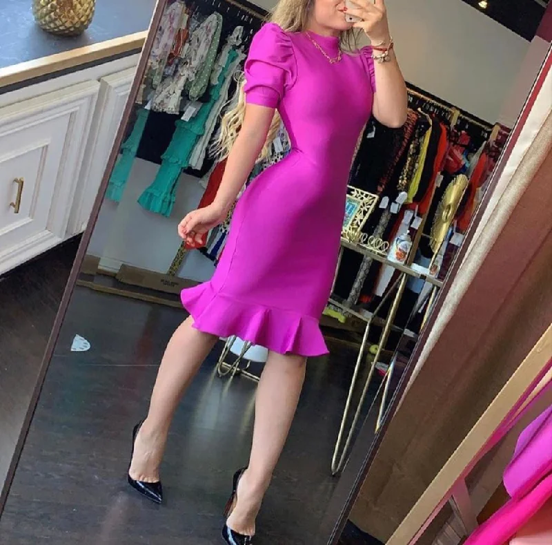 High Quality Black Purple Short Sleeve Ruffles Rayon Bandage Dress Elegant Club Party Dress Vestidos  Pbong  mid size graduation outfit romantic style teen swag clean girl ideas 90s latina aesthetic Tunics Print Colorful