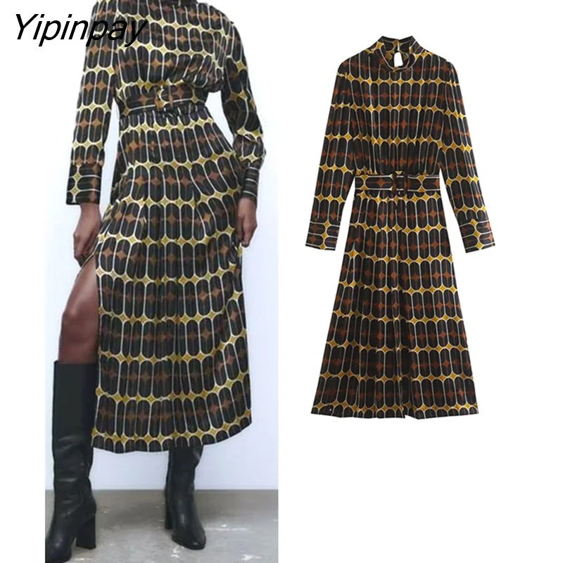 Yipinpay New Women Print Mid-Calf Dresses With Belt 2023 Spring Summer Fashion Ladies Party Dresses Long Sleeve Elegant Vestidos Tunics Stylish modern