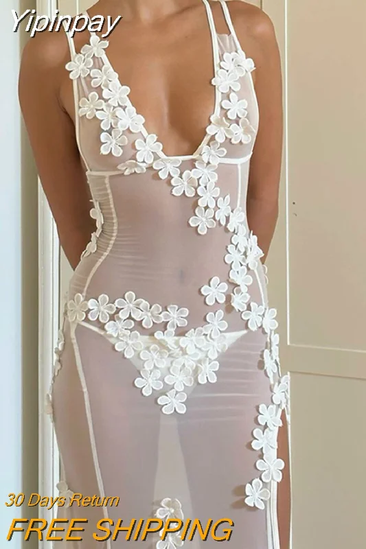 Yipinpay Fashion Women Sheer Mesh Sleeveless Dress Summer V Neck Flower Slit Party Dress For Cocktail Beach Club Streetwear S M L Tunics Ceremony elegant
