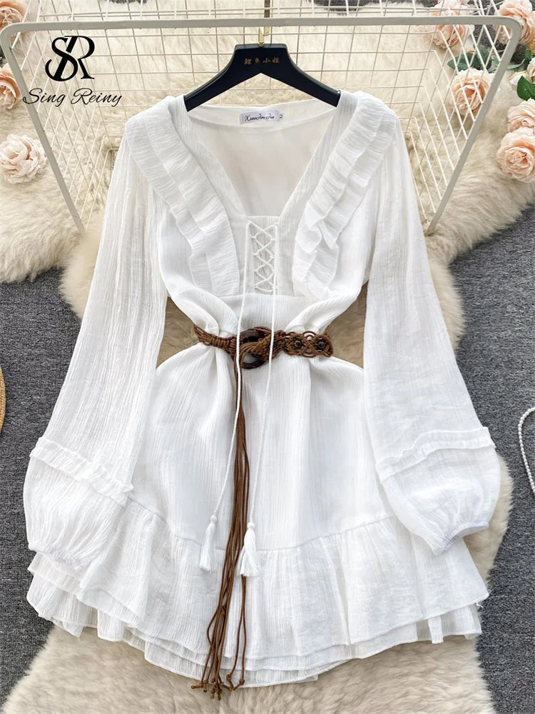 Yipinpay 2024 Spring Holiday Beach Dress Ladies V Neck Sashes Sweet Midi Lace Up Korean Ins Ruffles White Vintage Party Dress Tunics Recommended stylist