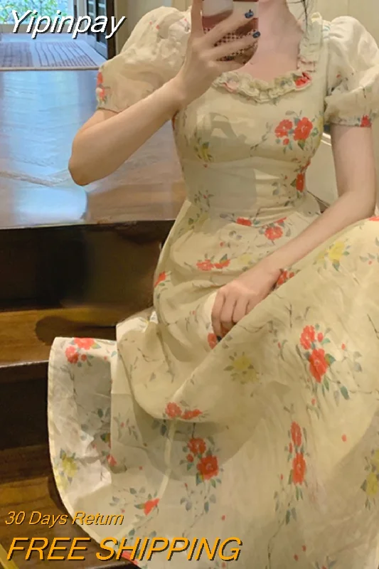 Yipinpay Elegant One Piece Dress Korean Fashion Short Sleeve Floral Midi Dress Woman Beach 2023 Summer Casual Evening Party Dress Tunics Cozy soft