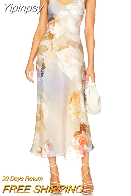 Yipinpay Fashion Womens Satin Long Dress Sleeveless Spaghetti Strap V Neck Floral Print Cocktail Party Dress Evening Gown Hot Sale Tunics Winter warm
