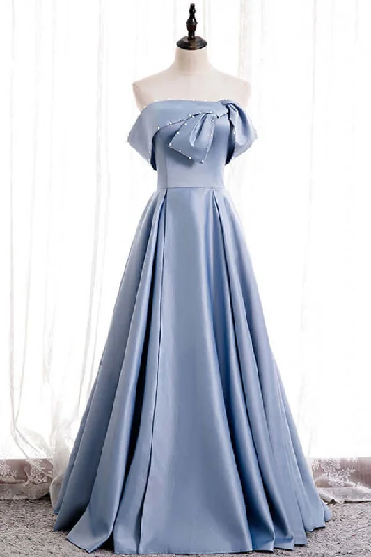 Blue Satin A-line Off-the-Shoulder Beaded Prom Dresses,evening party dress Tunics Party sparkling