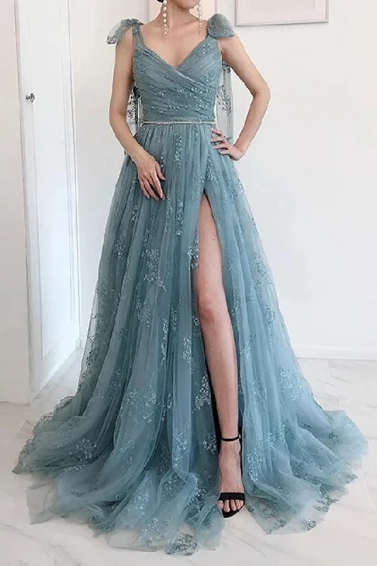 Elegant A-line bow tie party dress with lace high slit ball dress Turtleneck Neckline Stylish