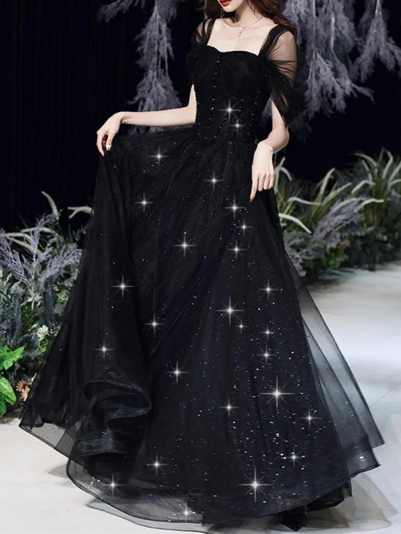 Cinessd - Black Square Collar Prom Party Dresses for Women Tulle Sleeve Shining Floor-Length Pageant Gown Back Bandage Slim Banquet Gown empire Waist empire Cinessd - Black Square Collar Prom Party Dresses for Women Tulle Sleeve Shining Floor-Length Pageant Gown Back Bandage Slim Banquet Gown empire Waist empire