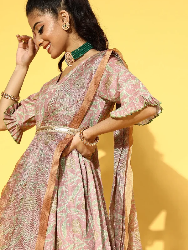 Pink & Green Floral Print Dress with Dupatta Halter Neckline Beach