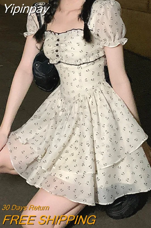 Yipinpay Summer French Vintage Floral Mini Dress Woman Beach Elegant One Piece Dress Korean Fashion Bow Sweet Short Party Dress Chic Mermaid Tail Wedding
