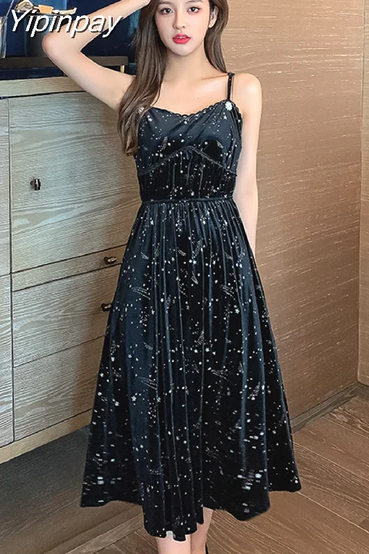 Yipinpay Women dress Korean style Silk Velvet Off shoulder A-line star Black Party Dress Elegant Female Spaghetti Strap Dresses Tunics Mesh breathable