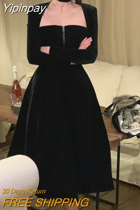 Yipinpay Vintage Velvet Midi Dress Woman Black Elegant Evening Party Dress Casual One Piece Dress Korean Fashion 2023 Autumn Slim Off-the-shoulder Bohemian Festive