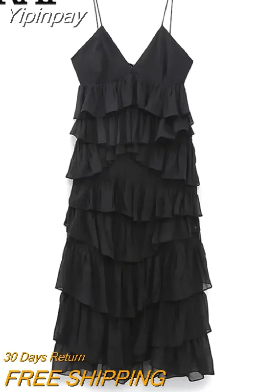 Yipinpay Black Backless Dress Woman Ruffle Long Dress Women Ruched Slip Midi Sexy Dresses Ladies 2023 Christmas Night Party Dresses Square Neckline Feminine