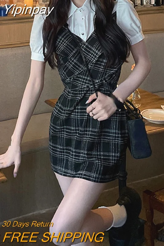 Yipinpay Plaid Mini Dress Woman French Vintage Short Party Dress Puff Sleeve 2023 Summer Slim Casual One Piece Dress Korean Fashion Tunics Timeless classic