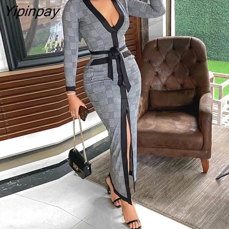 Yipinpay Women High Slit Plaid Long Sleeve Plunge Maxi Bodycon Dress Womens Party Dress Tunics Bridal satin