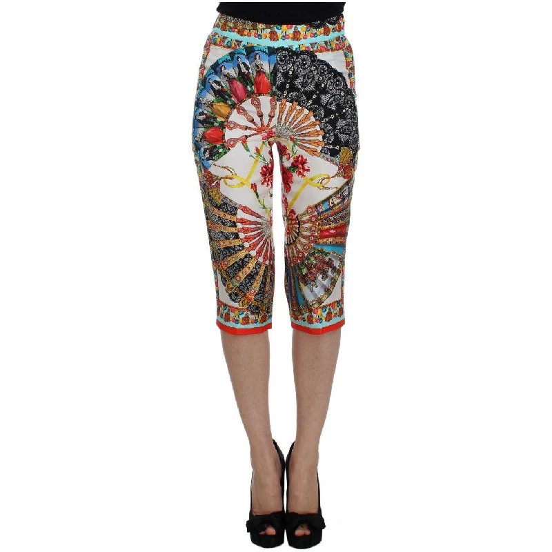 Dolce & Gabbana Multicolor Majolica Silk Capri Pants Trendy Wide-Leg Pants