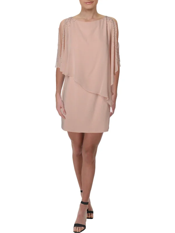 Womens Chiffon Embellished Capelet Dress Tunics Polka dots