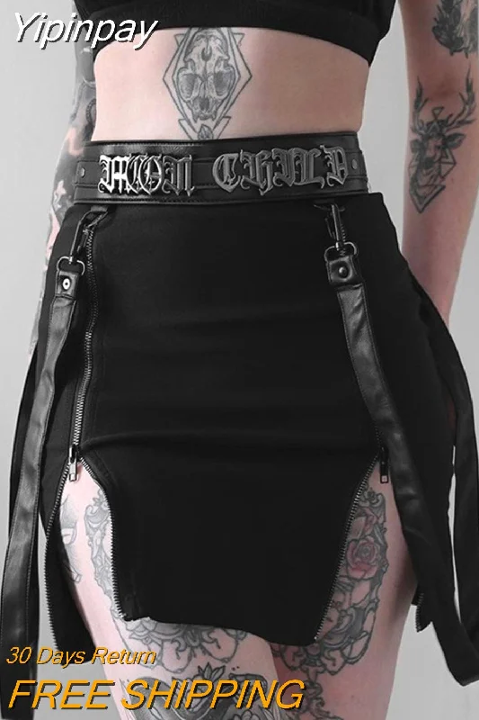 Yipinpay Y2k Women's Sexy Skirt Black Slim Fit Grunge High Slit A-Line Emo Party Dress Double Zip Pack Hip Slit Skirt Tunics Sophisticated sleek