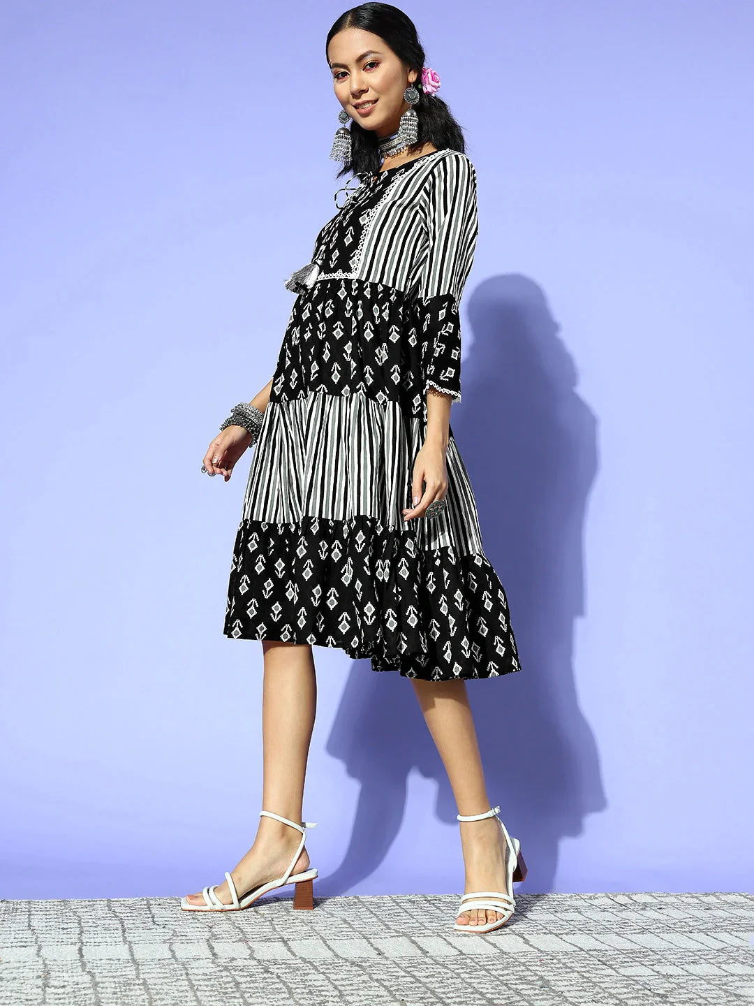 Black Ethnic Motifs Indie Gal Dress Tunics Satin smooth