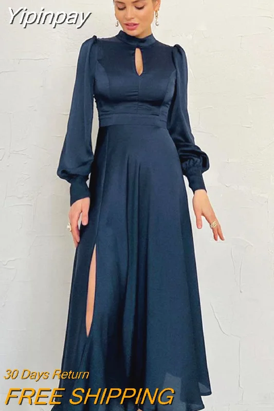 Yipinpay Elegant Evening Dresses Navy Hollow Out Woman Satin Midi Party Dress Spring Lantern Sleeves Sliky Keyhole Dress 2023 Tunics Favorite customer