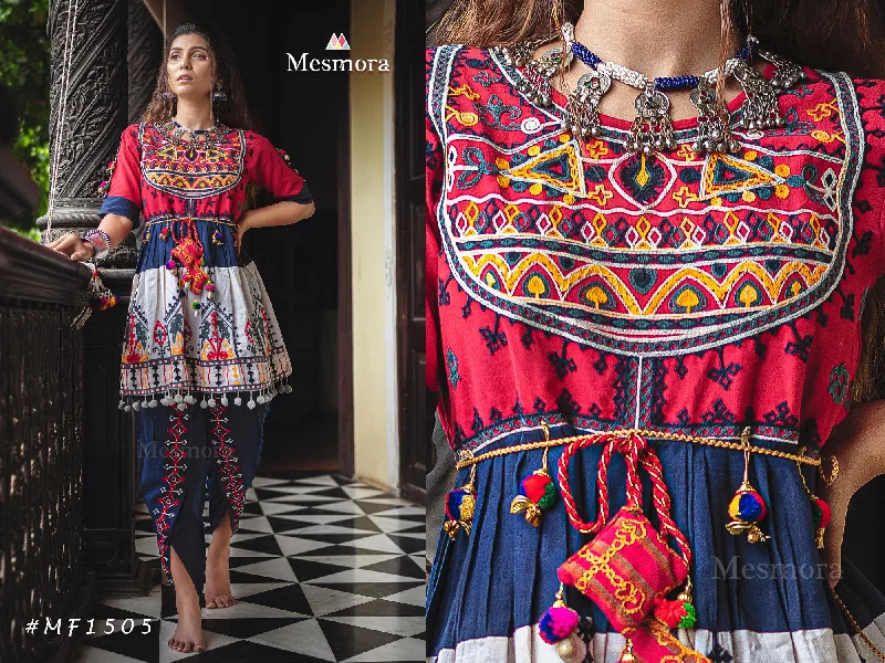 Red yoke and Parrot motif panel embroidered keida and navy blue tulip pants set (MF1505) Relaxed High-Waist Trousers