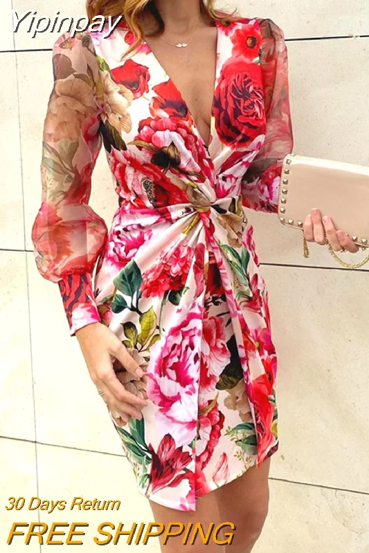 Yipinpay Floral Print Twisted Waist Midi Dress Elegant Night Out Bodycon Party Dress Tunics Leisure comfortable