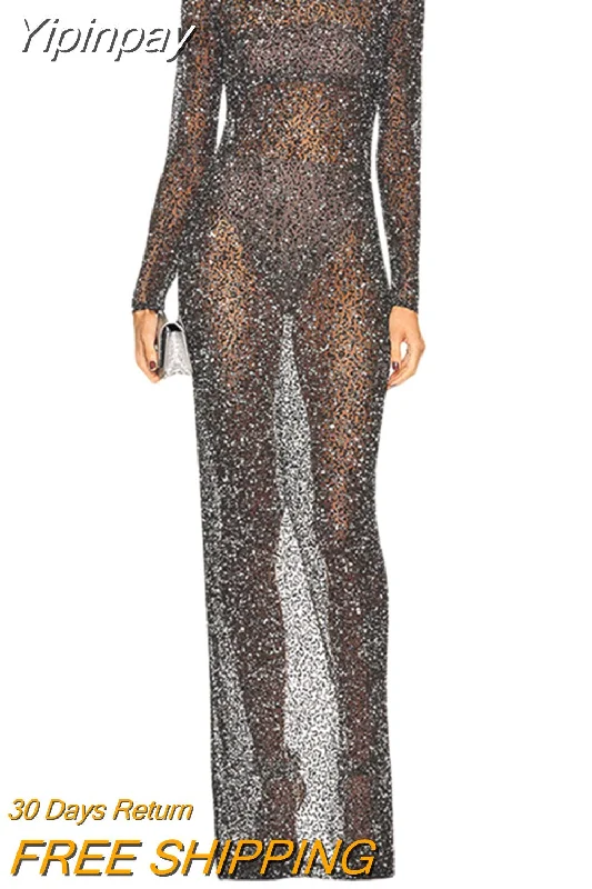 Yipinpay Fashion Womens Mesh Long Dress Shiny Sequin Long Sleeve Back Split Evening Party Dress Skin Friendly Hot Sale S-XL Tunics Fall fleece