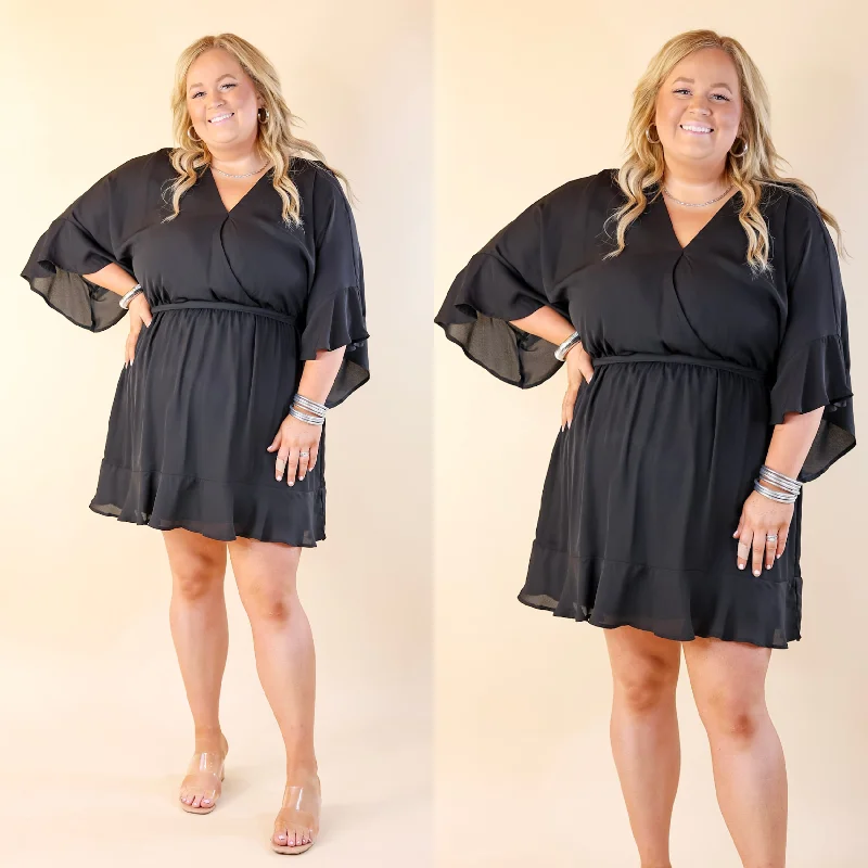 Super Chic Ruffle Sleeve V Neck Dress with Waist Tie in Black Elegant Long Evening