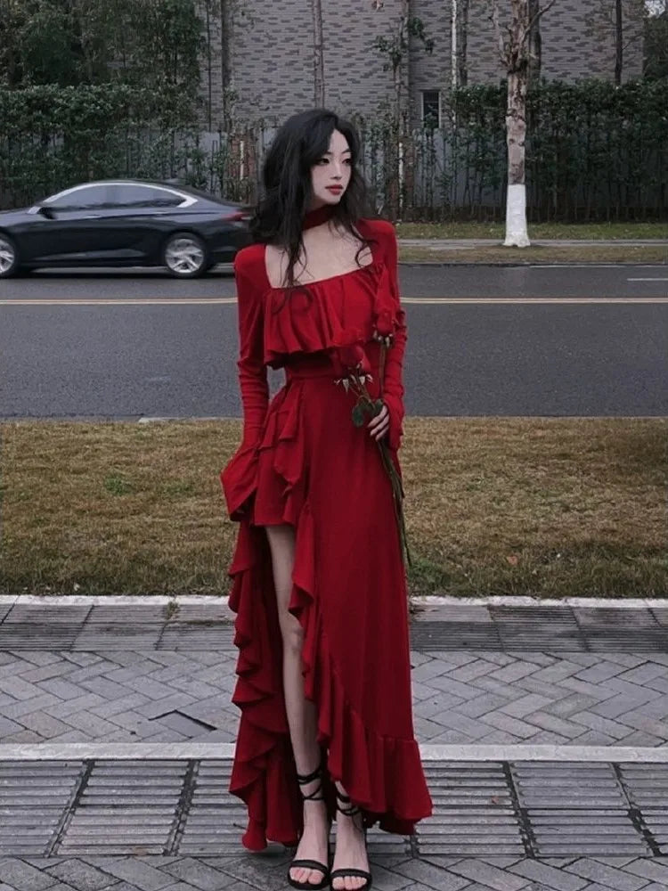 Cinessd 2024 Spring Women Elegant Long Slevee Midi Dress Female Red Square Collar Ruffle Party Dress Christmas Irregular Prom Dress Tunics New arrival