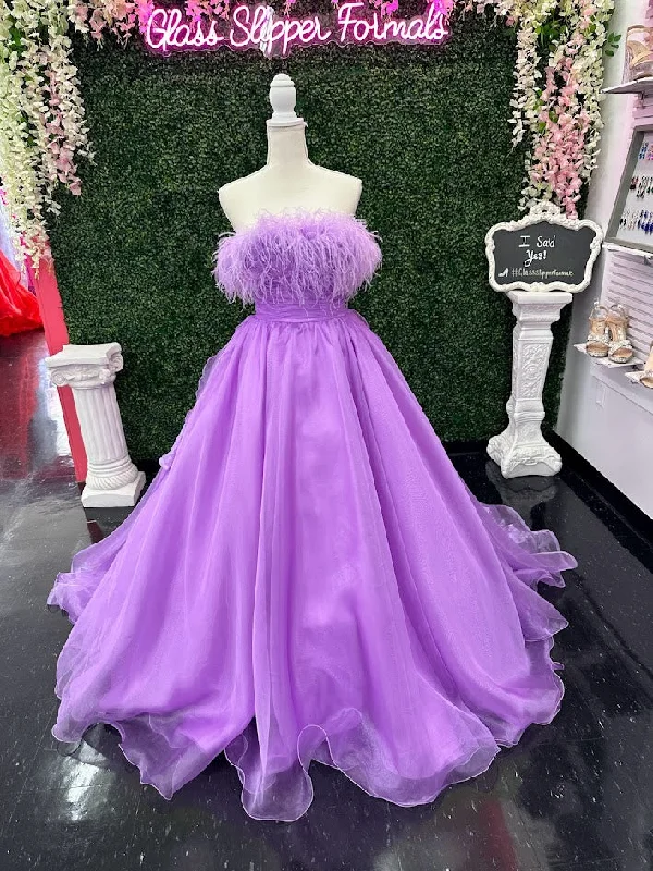 Johnathan Kayne 2739 Size 4 LILAC strapless feather neckline evening dress long organza A line gown Tunics Bestseller popular