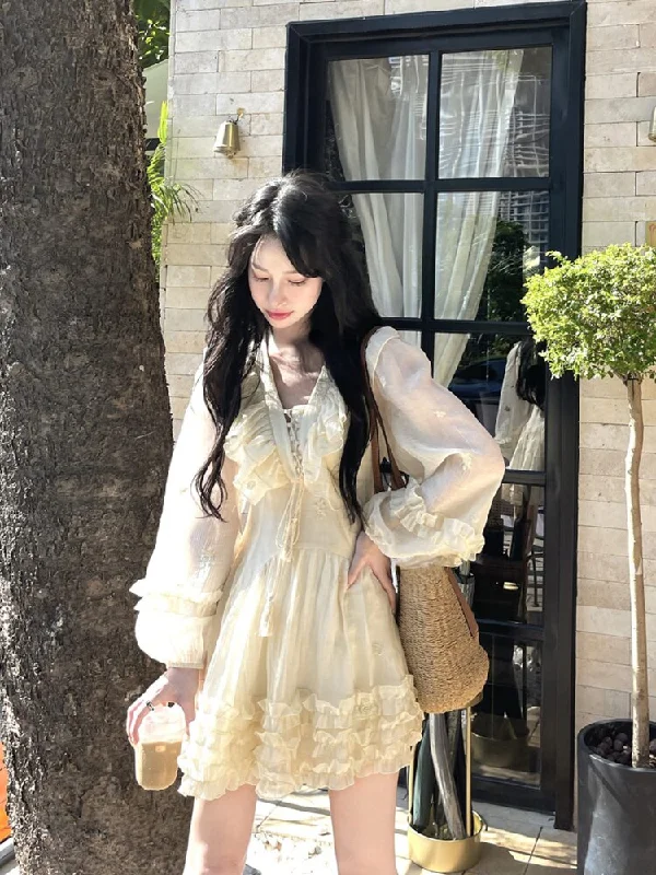 Yipinpay Autumn Fairy Pure Color Mini Dress Woman Casual Long Sleeve Elegant Dress Korean Fashion Short Party Dress Chic Design Tunics Practical easy-care