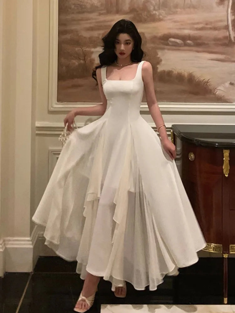 Cinessd Christmas Gift Outfit  Elegant Dresses for Women Ruffles Sundress Evening Party Dress Sleeveless Square Collar A Line New Prom Robe Korean Vestidos Tunics Custom made