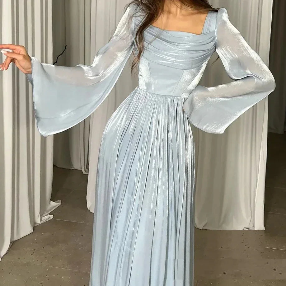 Cinessd Party Dress Women Long Dresses Elegant Splice Square Collar Pleated Casual Slim Prom Pleated High Waist Full Sleeve Vestidos Tunics Essential wardrobe