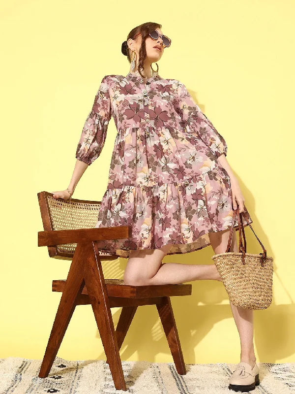 Floral Print Puff Sleeve Fit & Flare Dress Tunics Brand named