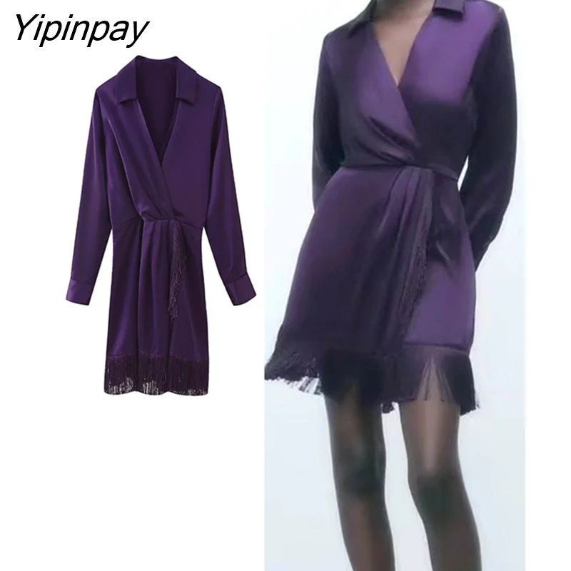 Yipinpay 2023 Women Mini Sexy Tassel Dresses Spring Summer Elegant Turn Down Collar Party Dress Long Sleeve Folds A-line Vestidos Tunics Fashionable trendy