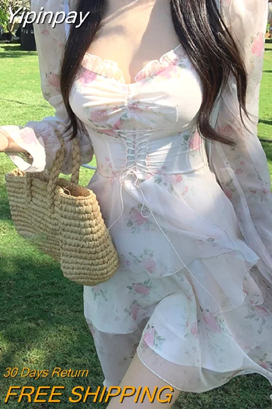 Yipinpay Floral Y2k Mini Dress Woman Beach Elegant Fashion Short Party Dress Casual Short Party Korean Style Dress 2023 Spring Tunics Designer luxury
