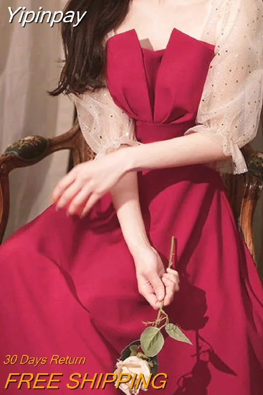 Yipinpay French Elegant Midi Dresses Korean Fashion Evening Party Dress Females Wedding Vintage Sundresses for Women Summer Chic Tunics Custom made