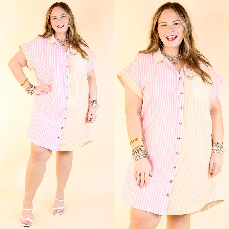 Seasonal Cruisin' Button Up Pinstripe Dress in Pink and Orange Tunics Distressed trendy