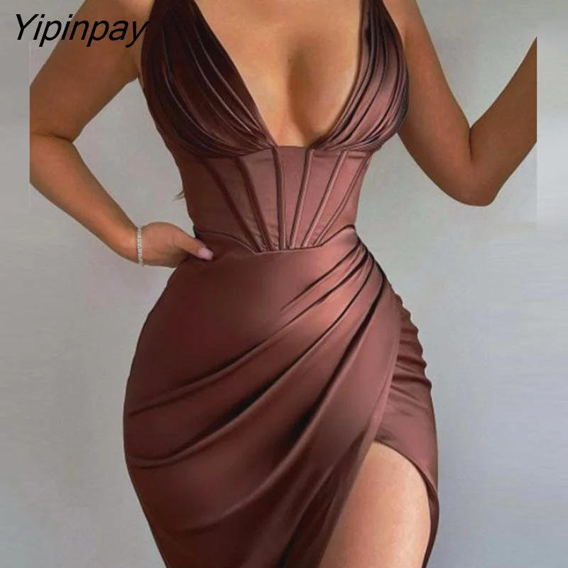 Yipinpay Women Chic Solid Bright Satin Ruched High Slit Corset Party Dress Tunics Practical durable